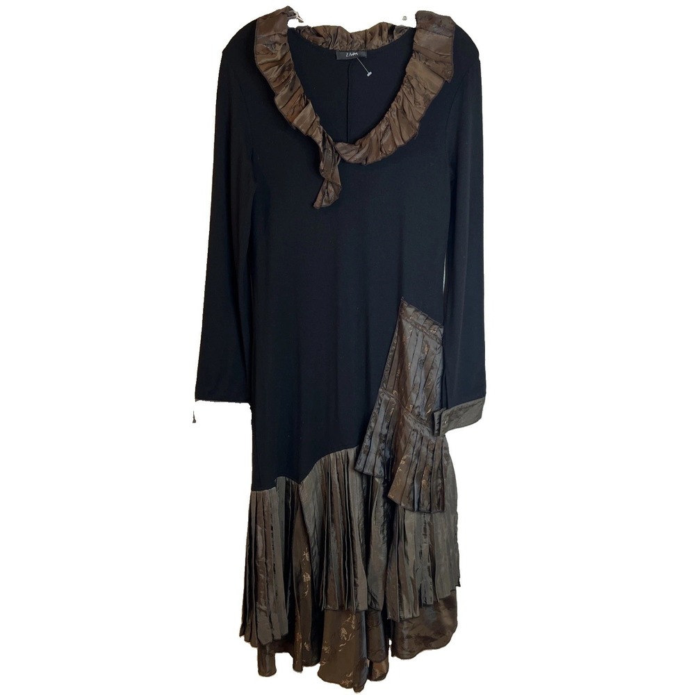 Zapa Dress Abstract Ruffle Collar Pleated Hem Artsy Boho Lagenlook Midi Sz S/M